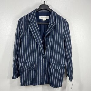 Treasure Bond Navy Blue Striped Linen‎ Blend Blazer Jacket Business Casual M
